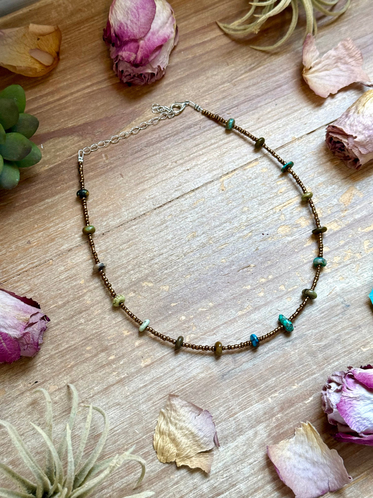 14” Bronze Seed Bead Necklace with Real Turquoise rondelle
