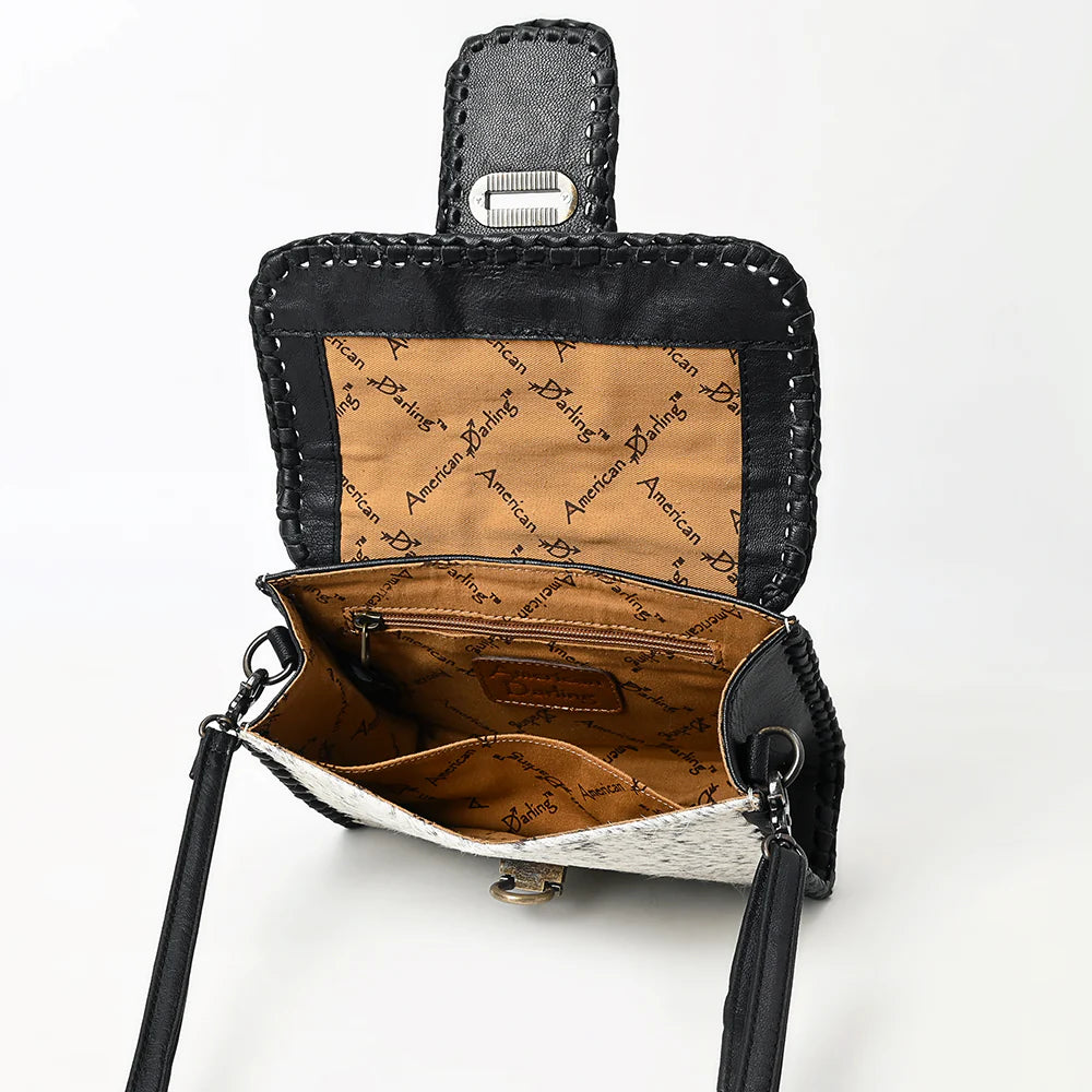Cowhide & Tooled Leather Crossbody - Whipstitch Trim