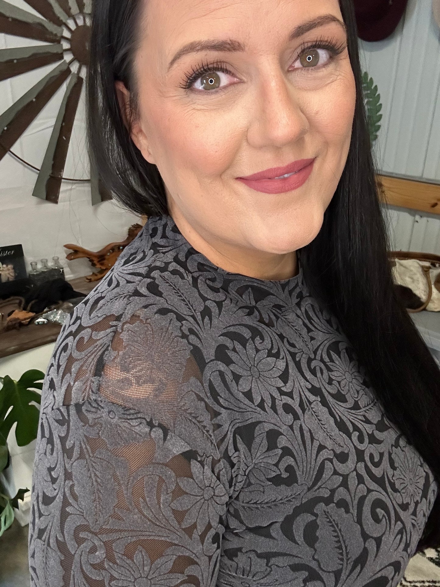 Dark Grey Tooled Velvet Leather Mesh Top