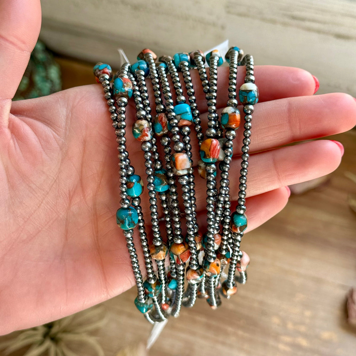 Kids necklace - 13” Turquoise & Spiny Oyster Necklace – 3–4mm Sterling Silver Pearls