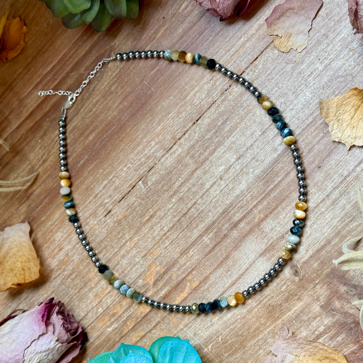 16” Golden Tiger Eye Necklace – Sterling Silver Pearls