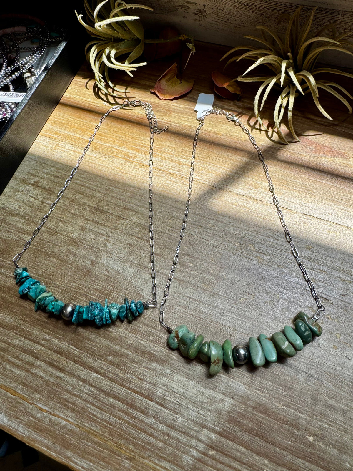 Green Turquoise Chip Necklace – Sterling Silver Pearl Accent – Paperclip Chain