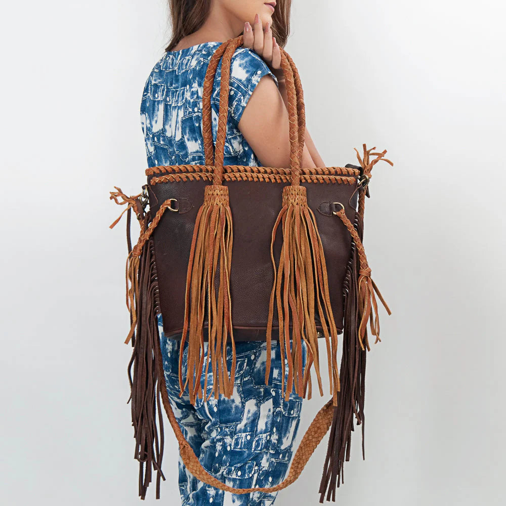 Leather Fringe and Braided Tote Bag
