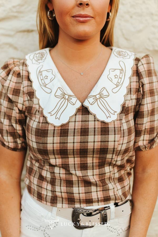Plaid Puff Sleeve Blouse With Embroidered Collar