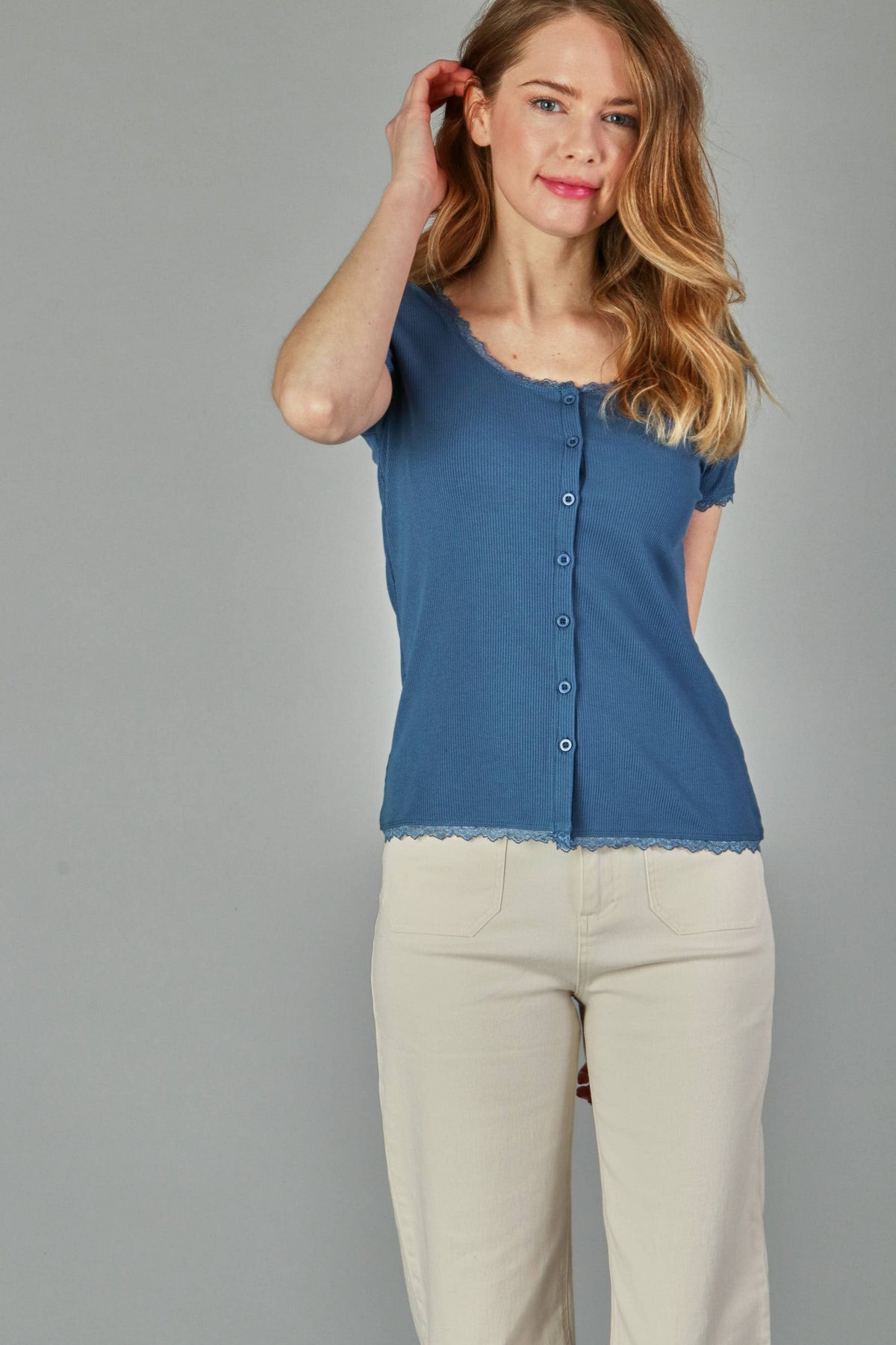 Solid Ribbed Button Top