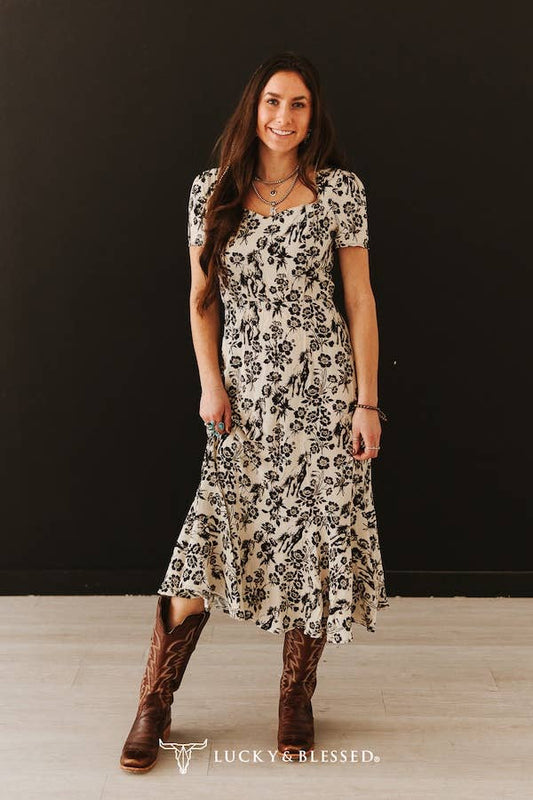 Cream Floral Ruffle Hem Short Sleeve Western Dress