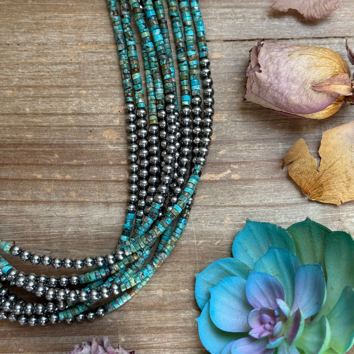 20” Heishi Turquoise Necklace – 4mm Turquoise & 5mm Sterling Silver Pearls