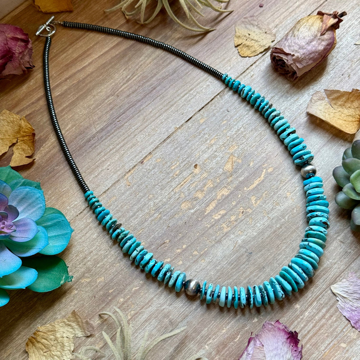 23” Ice Blue Turquoise Graduated Necklace – Sterling Silver & Hematite