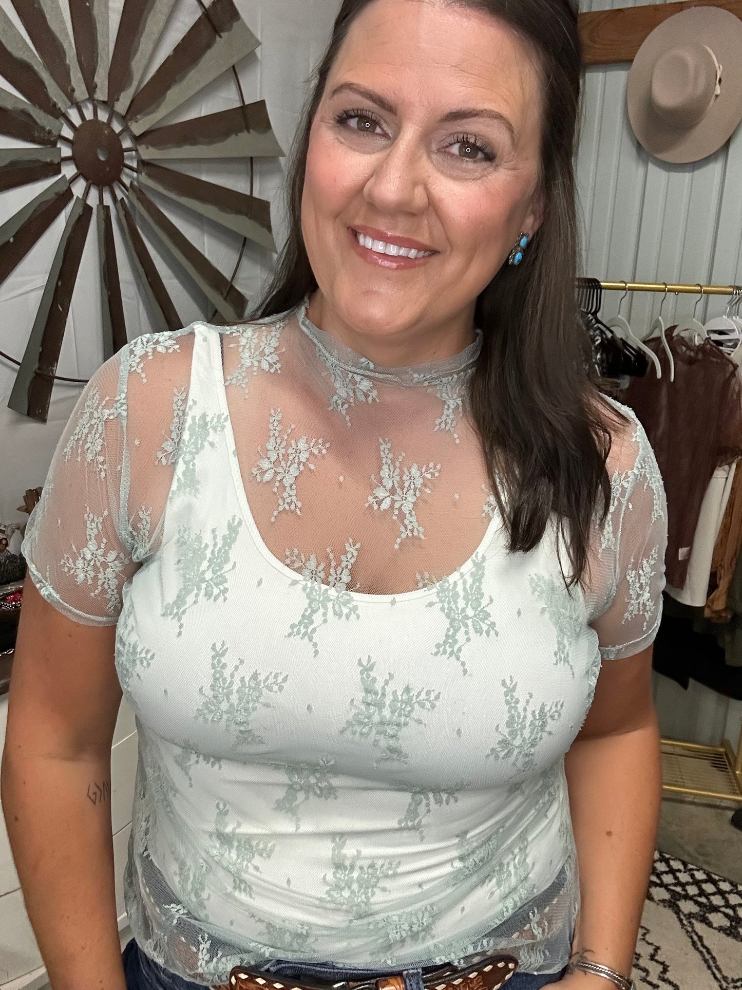 Mint Lace Short Sleeve Stretch Top