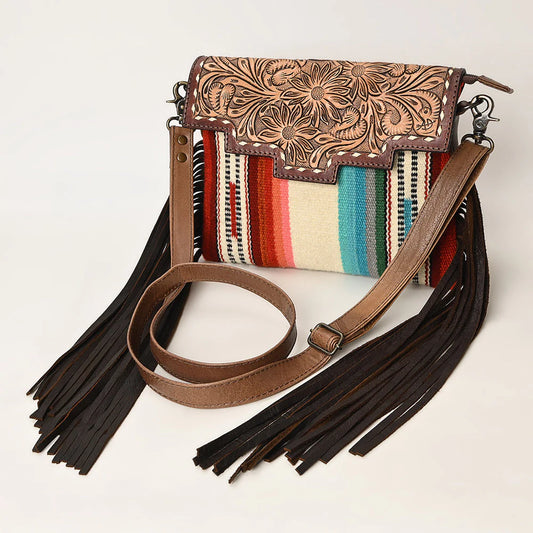 Tooled Leather & Saddle Blanket Crossbody Fringe Purse