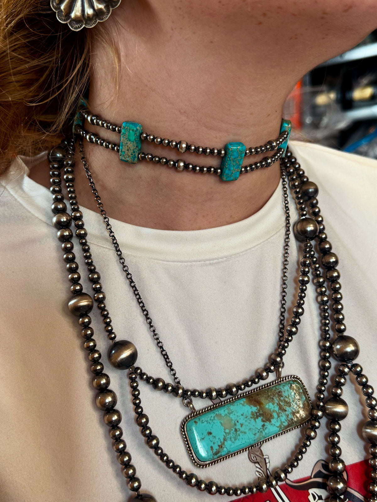 Orange/Turquoise Double Strand Necklace – 13” Beaded – Sterling Silver Pearls & Rectangle Variscite