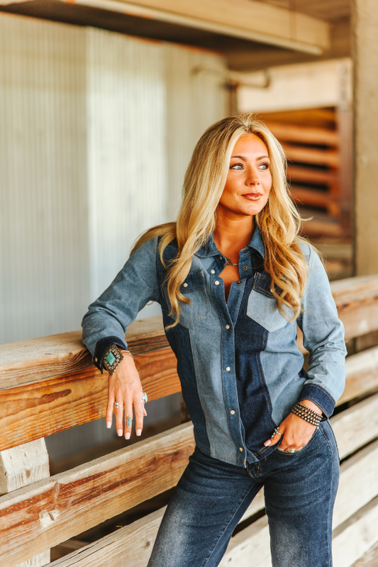 Denim Multi Contrast Button Down Shirt