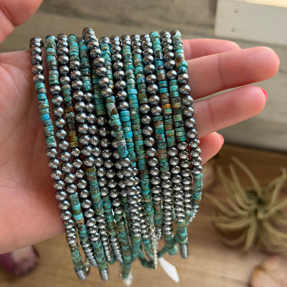 15” Heishi Turquoise Necklace – 4mm Turquoise & 5mm Sterling Silver Pearls