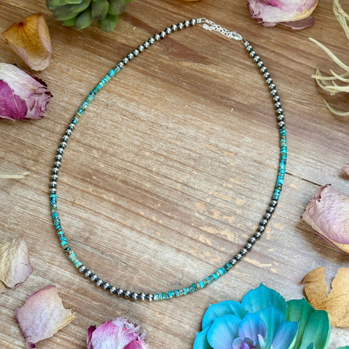 20” Heishi Turquoise Necklace – 4mm Turquoise & 5mm Sterling Silver Pearls