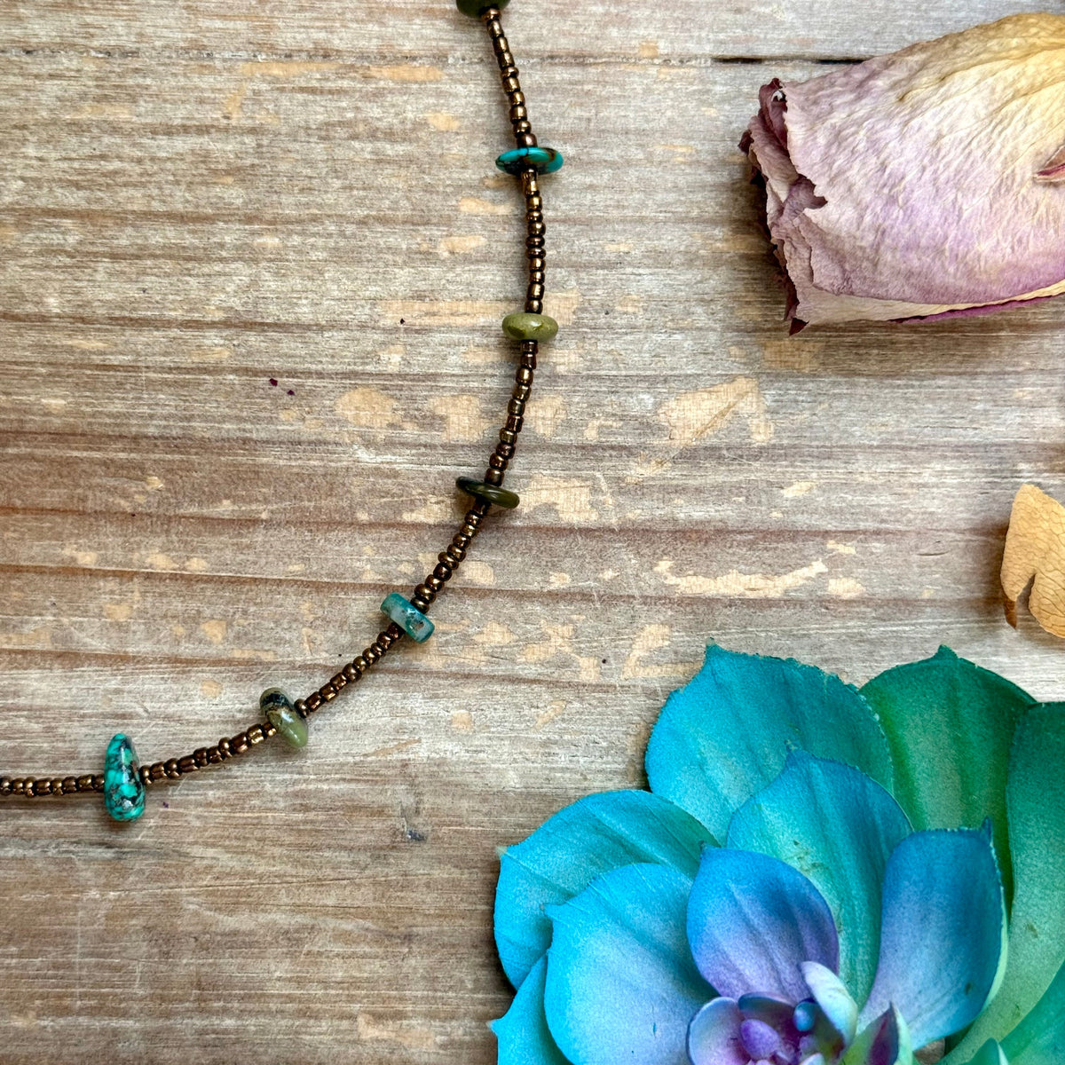 14” Bronze Seed Bead Necklace with Real Turquoise rondelle