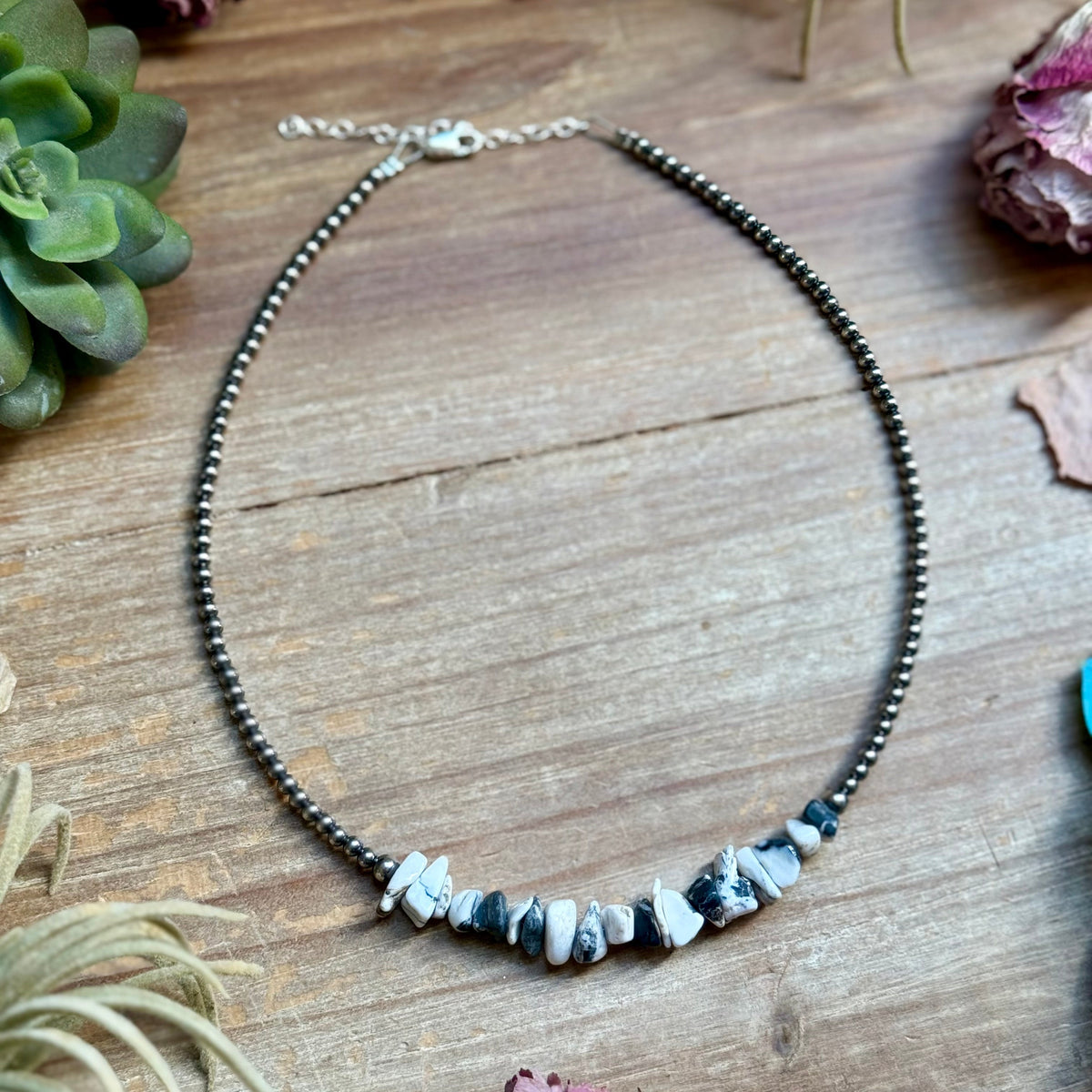 14” White Buffalo Choker – Sterling Silver Pearls