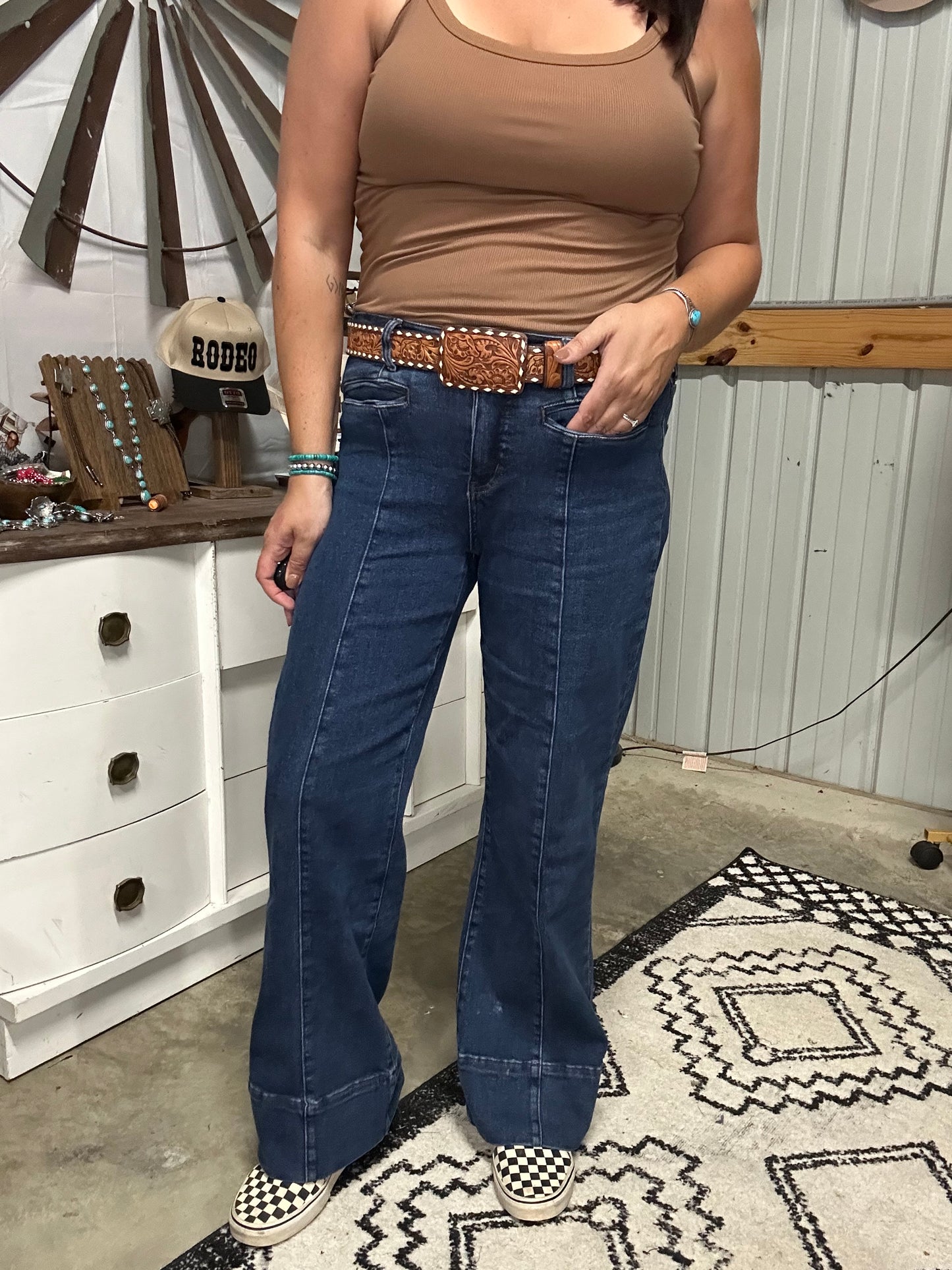 Dark Wash Mid Rise Bootcut Jeans W Front Pockets