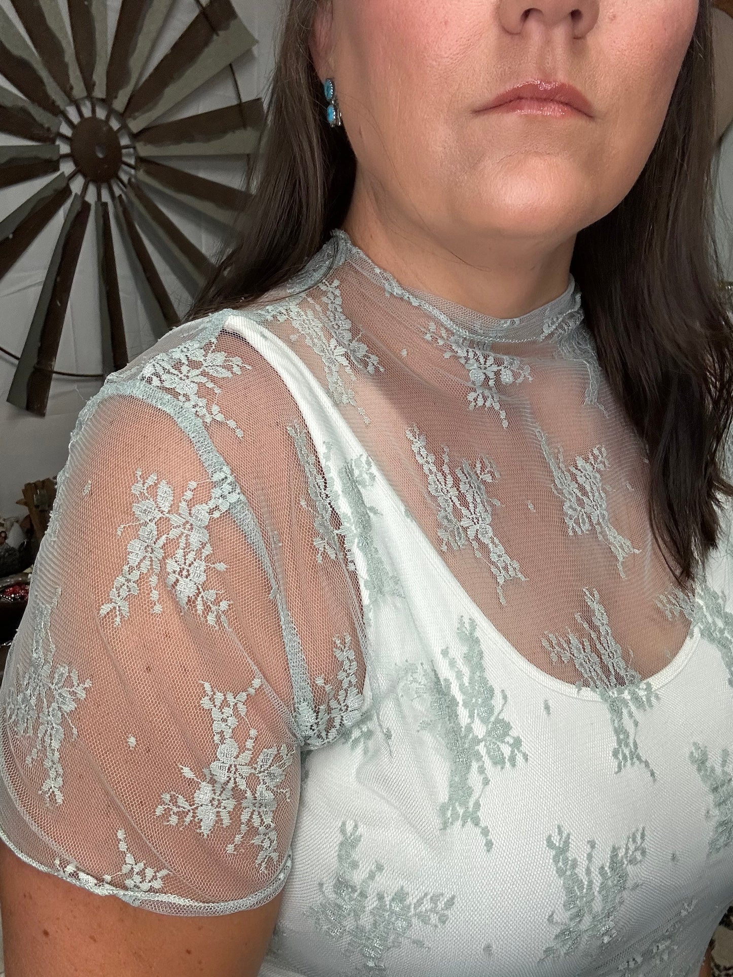 Mint Lace Short Sleeve Stretch Top