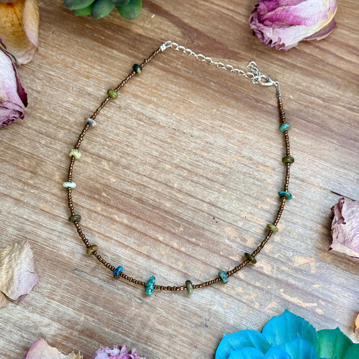 14” Bronze Seed Bead Necklace with Real Turquoise rondelle