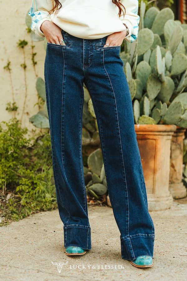 Dark Wash Mid Rise Bootcut Jeans W Front Pockets