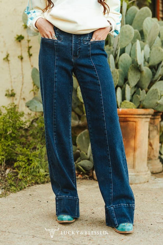 Dark Wash Mid Rise Bootcut Jeans W Front Pockets