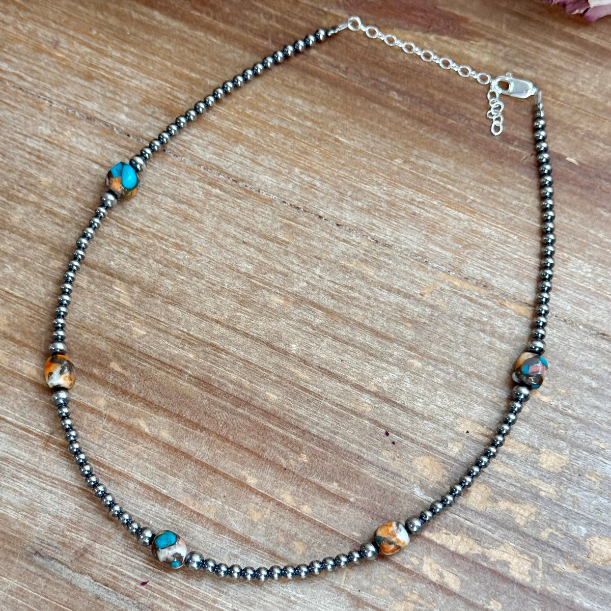 Kids necklace - 13” Turquoise & Spiny Oyster Necklace – 3–4mm Sterling Silver Pearls
