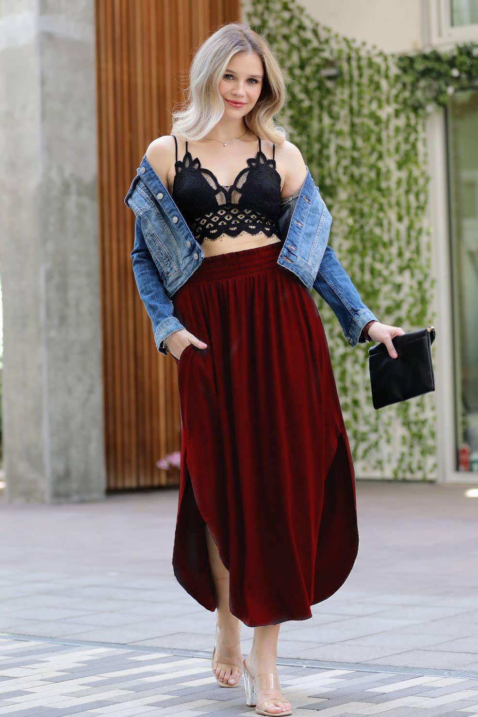Smocked Waist Side Slit Maxi Skirt