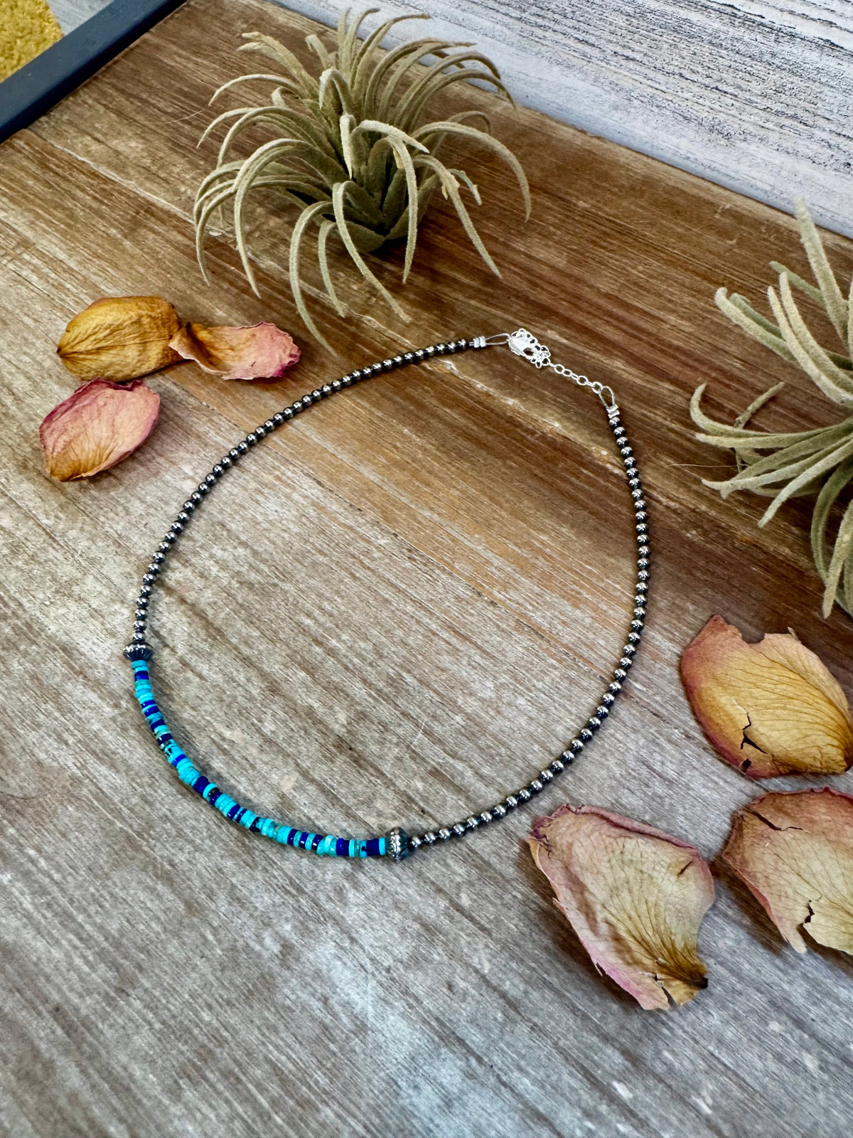 Lapis & Turquoise Heishi Choker – 14" Sterling Silver Beads