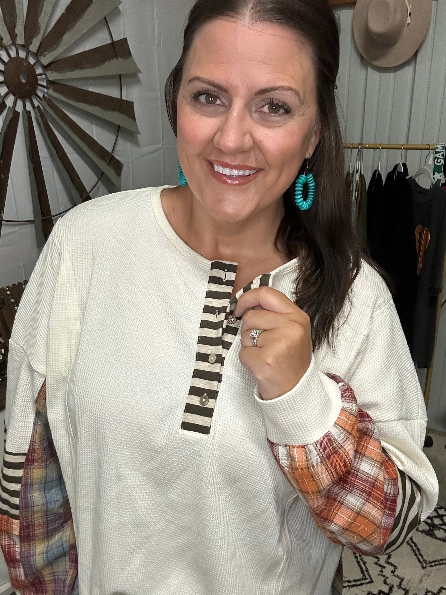 Waffle Stripe Plaid Patchwork Henley Knit Top