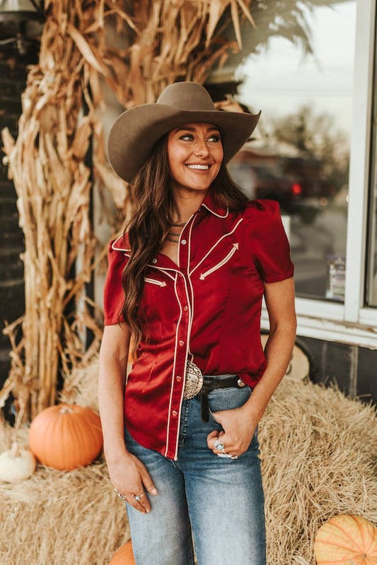 Burgundy Satin Contrast Arrow Pearl Snap Puff Sleeve Top
