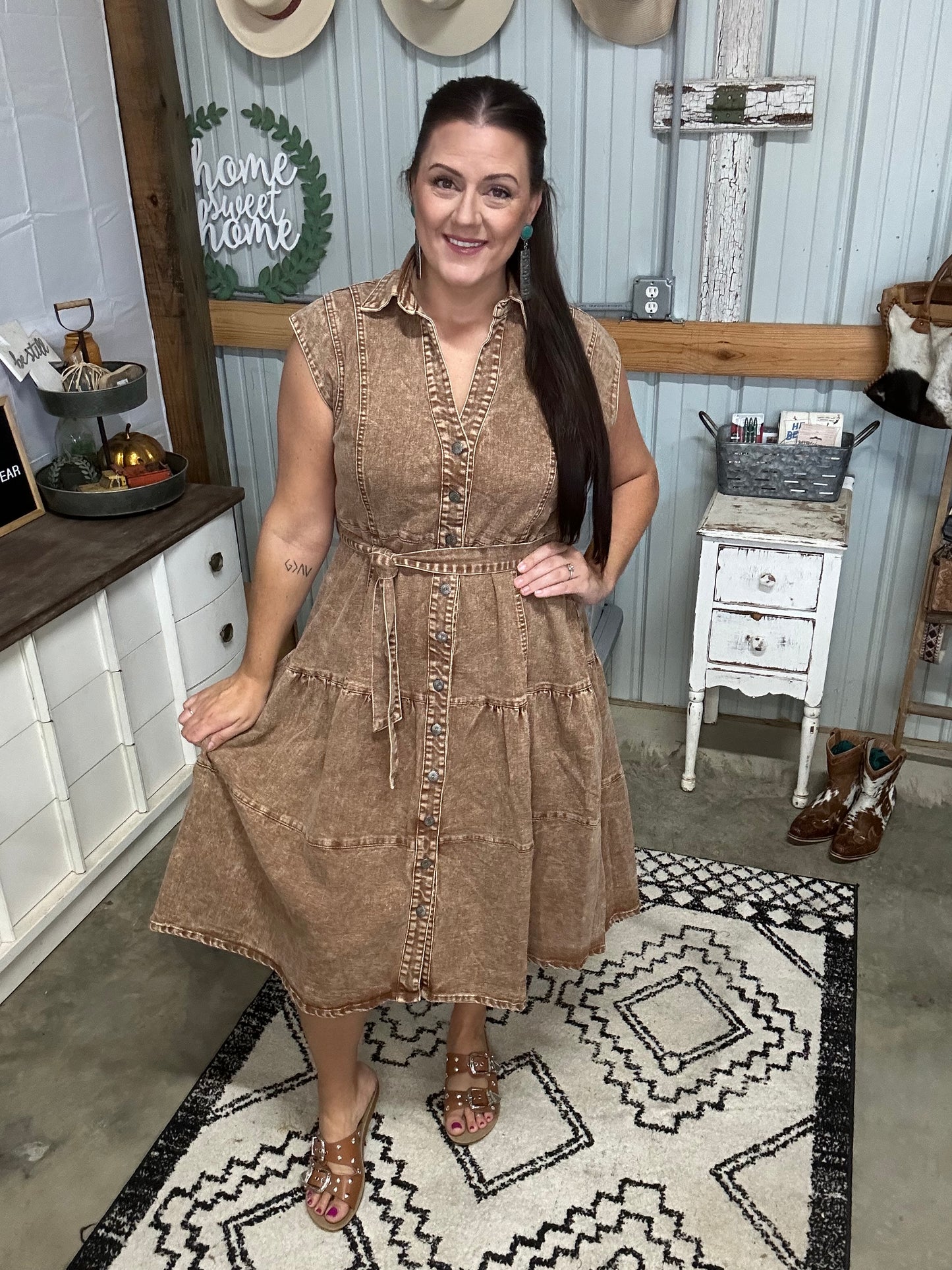 Camel Button Down Tiered Dress