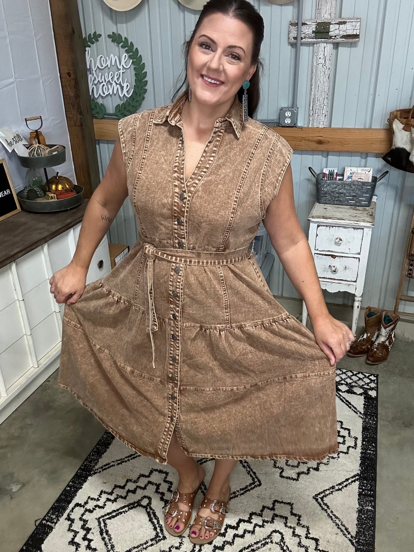 Camel Button Down Tiered Dress