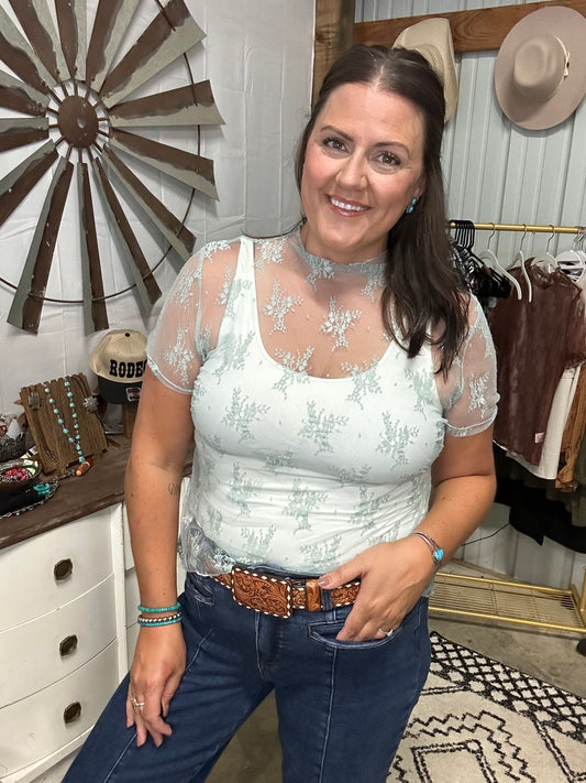 Mint Lace Short Sleeve Stretch Top