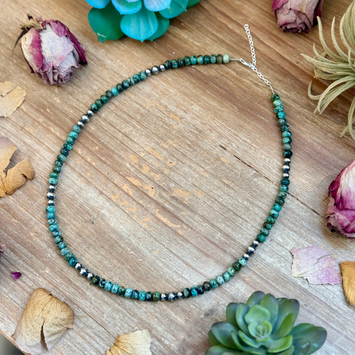 African Turquoise & Sterling Pearl Necklace 19”