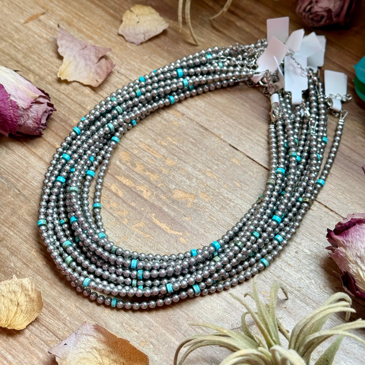 15” Variscite Turquoise Heishi Necklace –  4mm Silver Plated beads