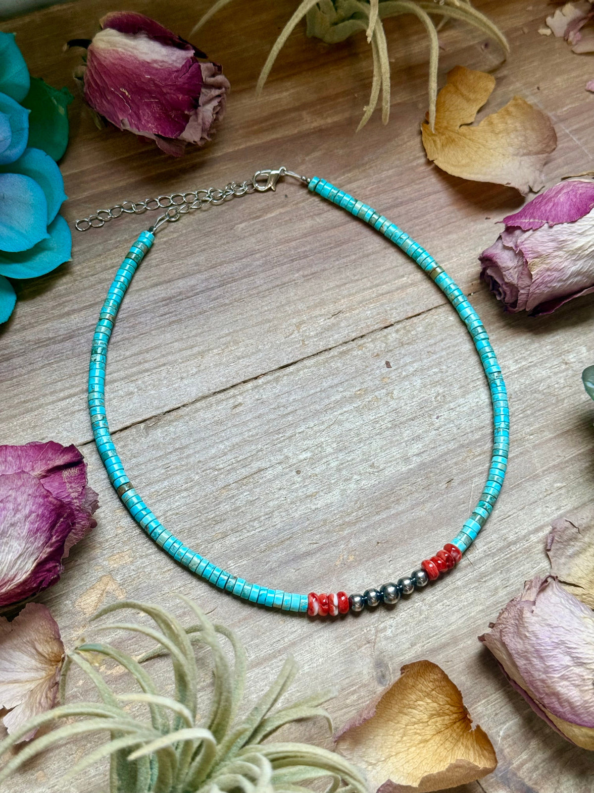 14” Vibrant Choker – Turquoise, Spiny Oyster & Sterling Silver