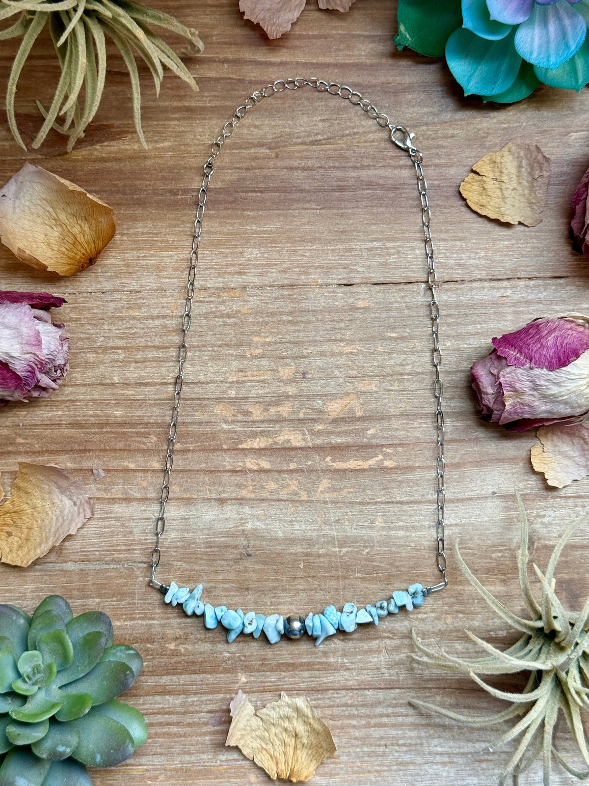 16” Larimar Chip Necklace – Sterling Silver & Paperclip Chain