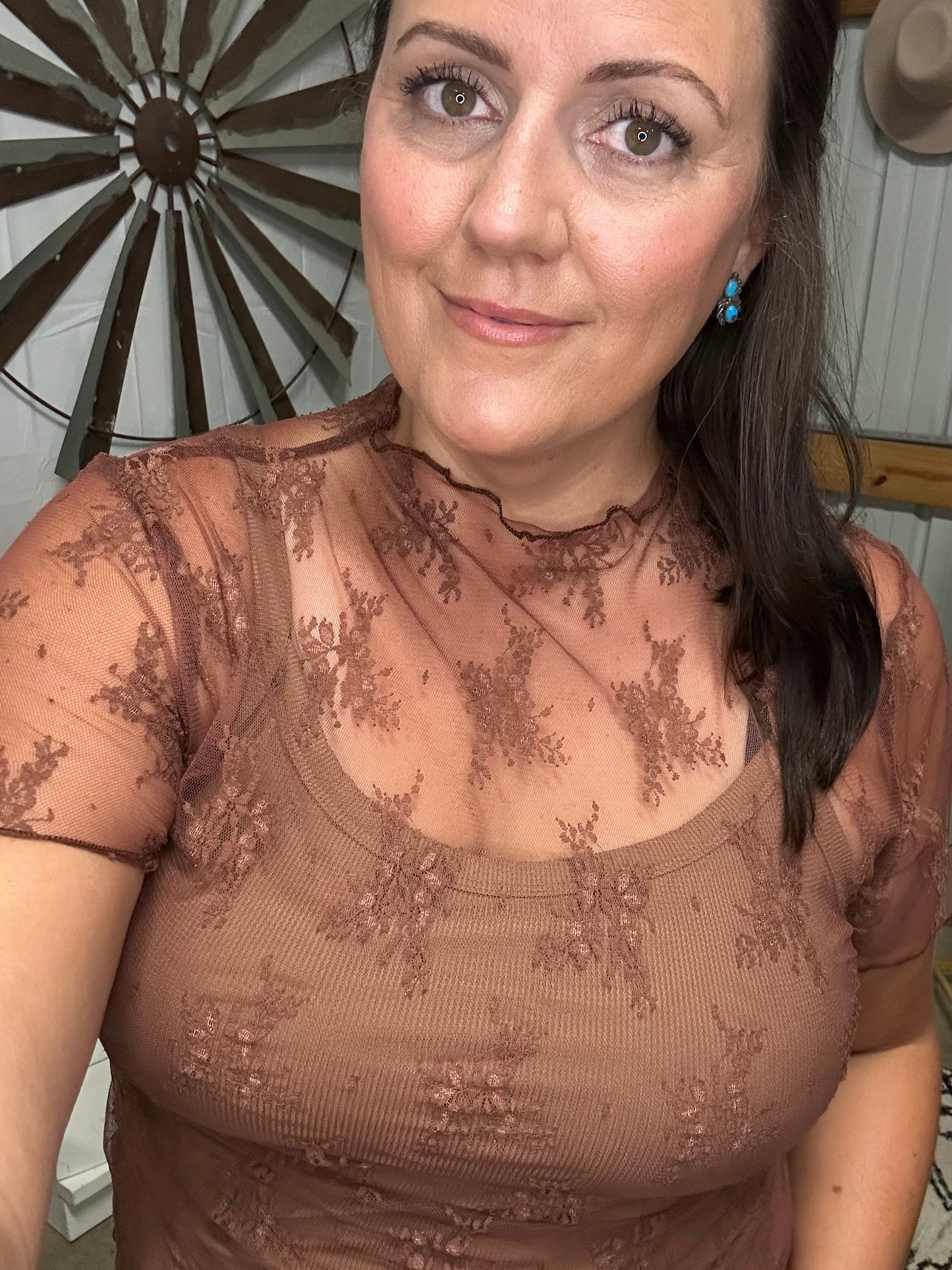 Brown Lace Short Sleeve Stretch Top