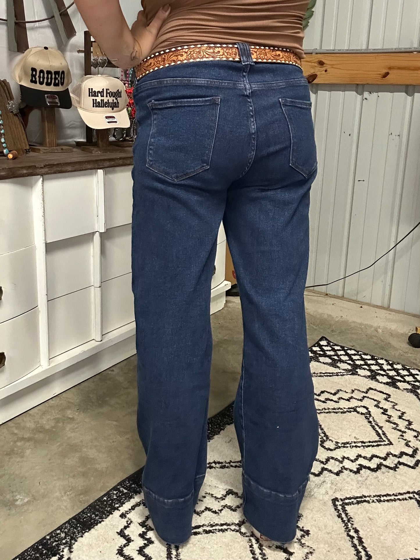 Dark Wash Mid Rise Bootcut Jeans W Front Pockets