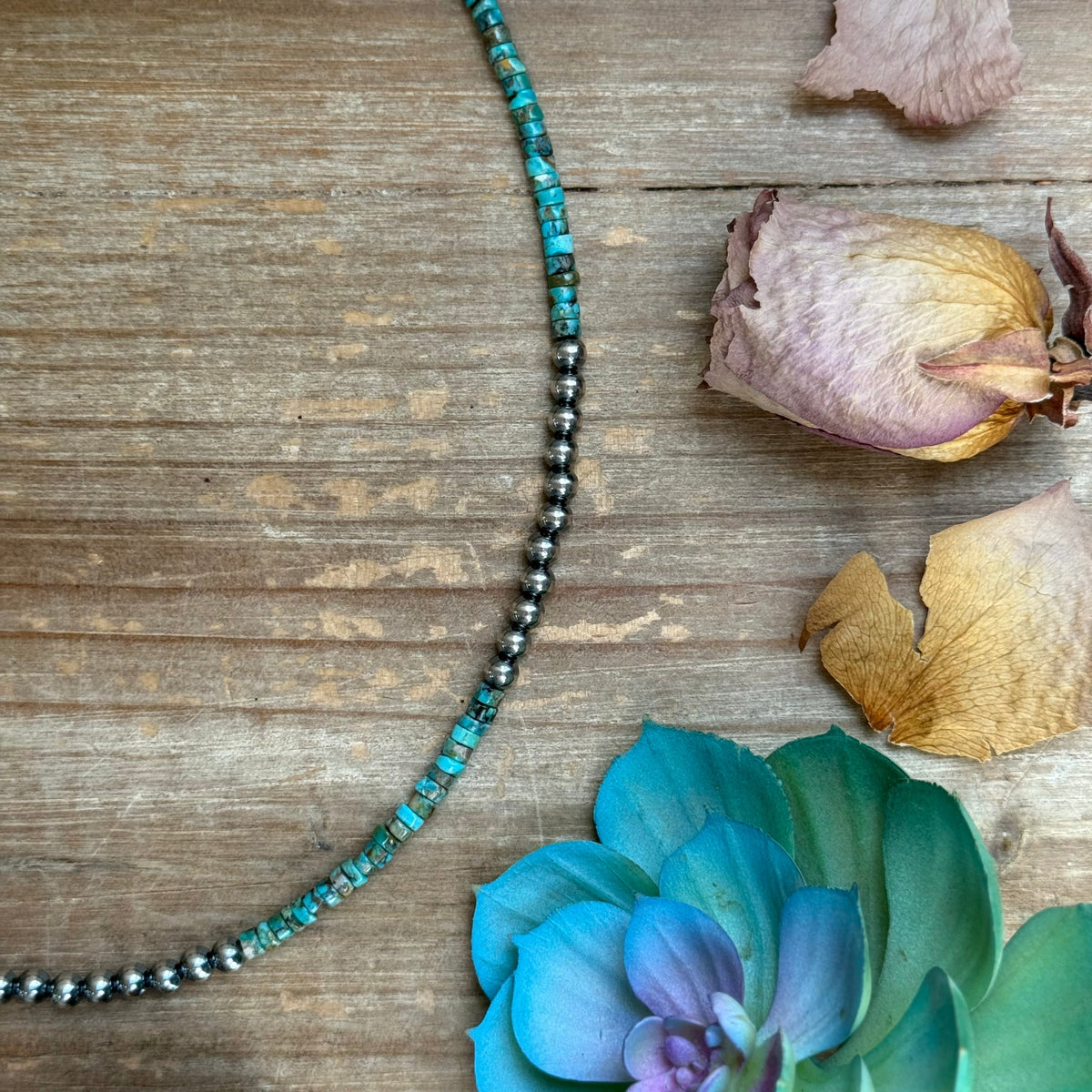 20” Heishi Turquoise Necklace – 4mm Turquoise & 5mm Sterling Silver Pearls