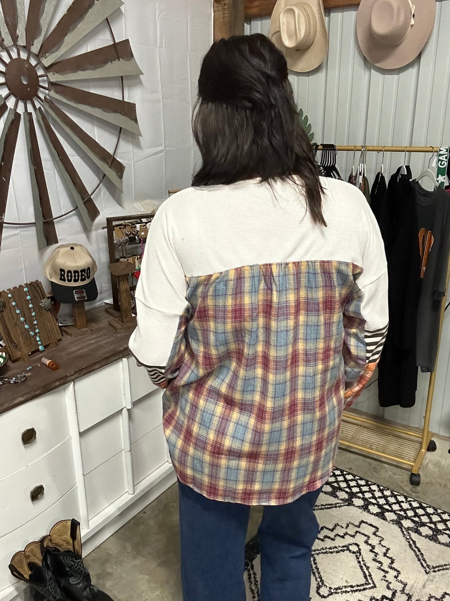 Waffle Stripe Plaid Patchwork Henley Knit Top