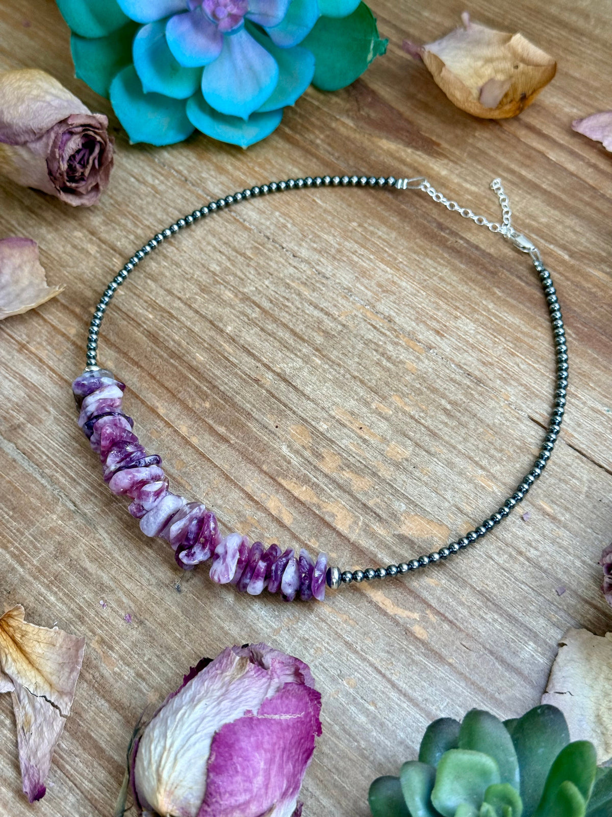 14.5” Lepidolite Necklace – 3mm Sterling Silver Pearls & Saucers
