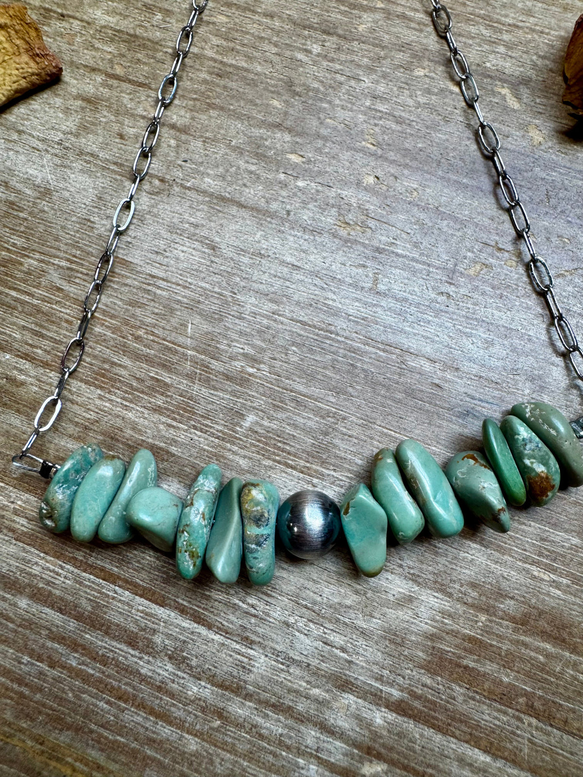 Green Turquoise Chip Necklace – Sterling Silver Pearl Accent – Paperclip Chain