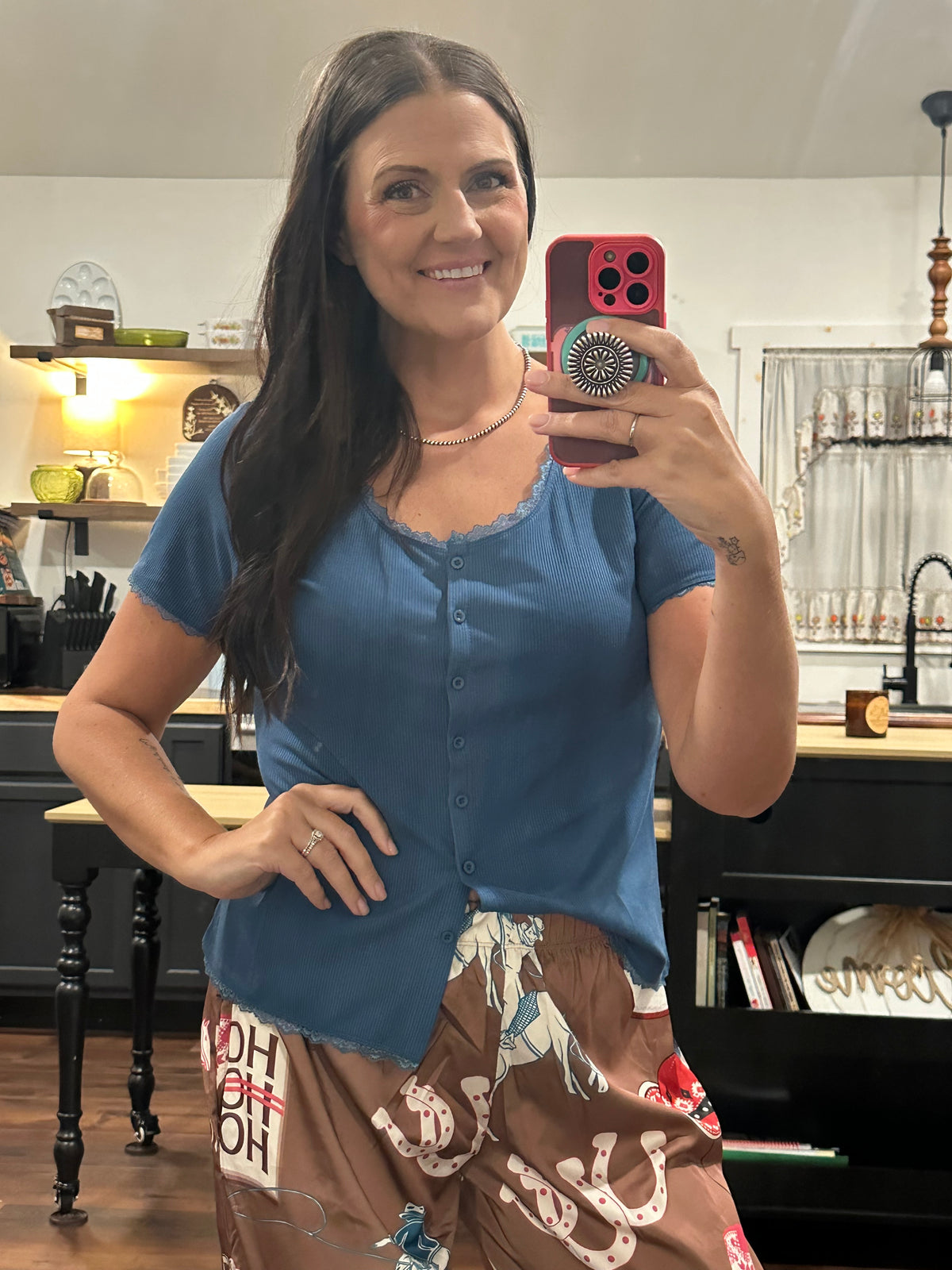 Solid Ribbed Button Top