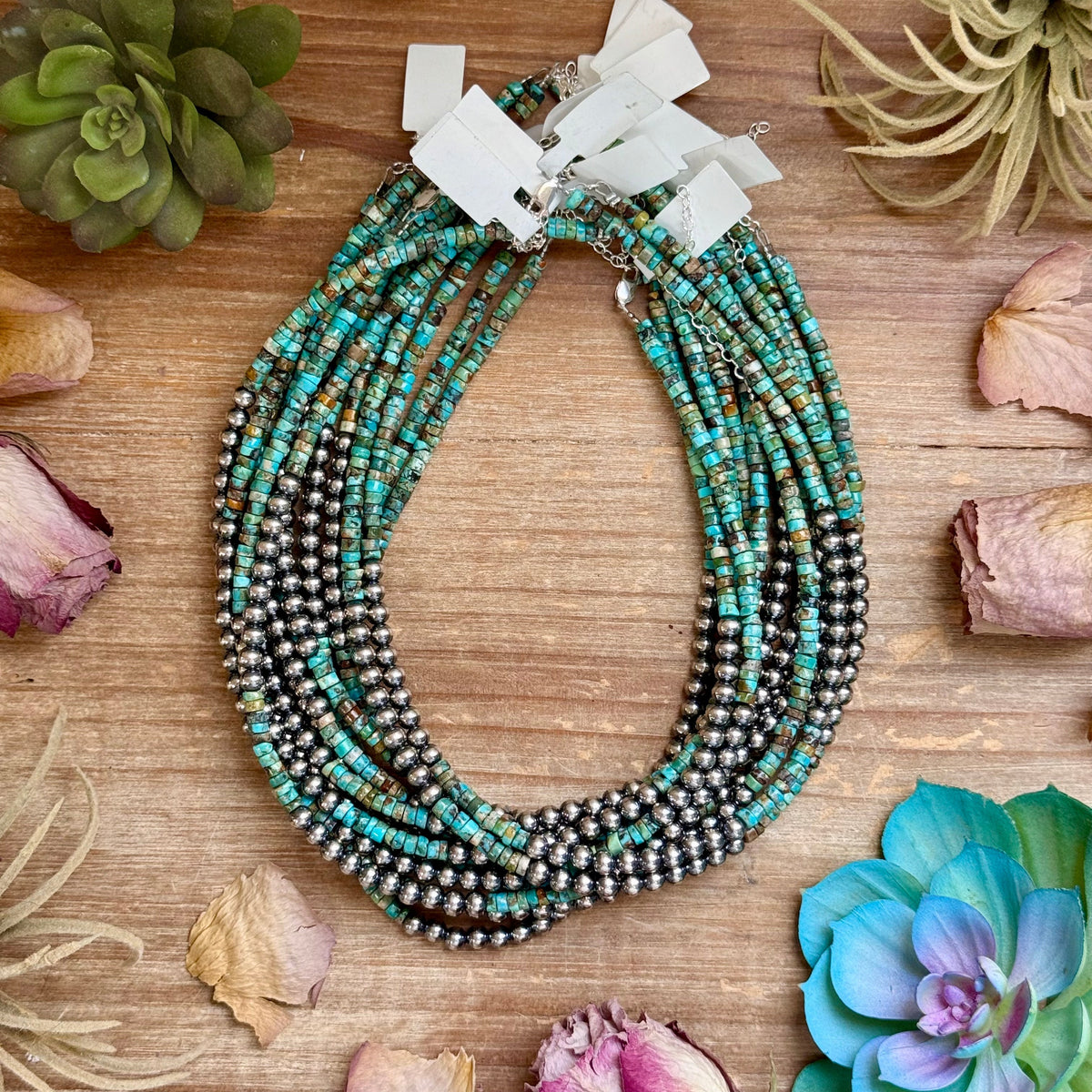 15” Heishi Turquoise Necklace – 4mm Turquoise & 5mm Sterling Silver Pearls
