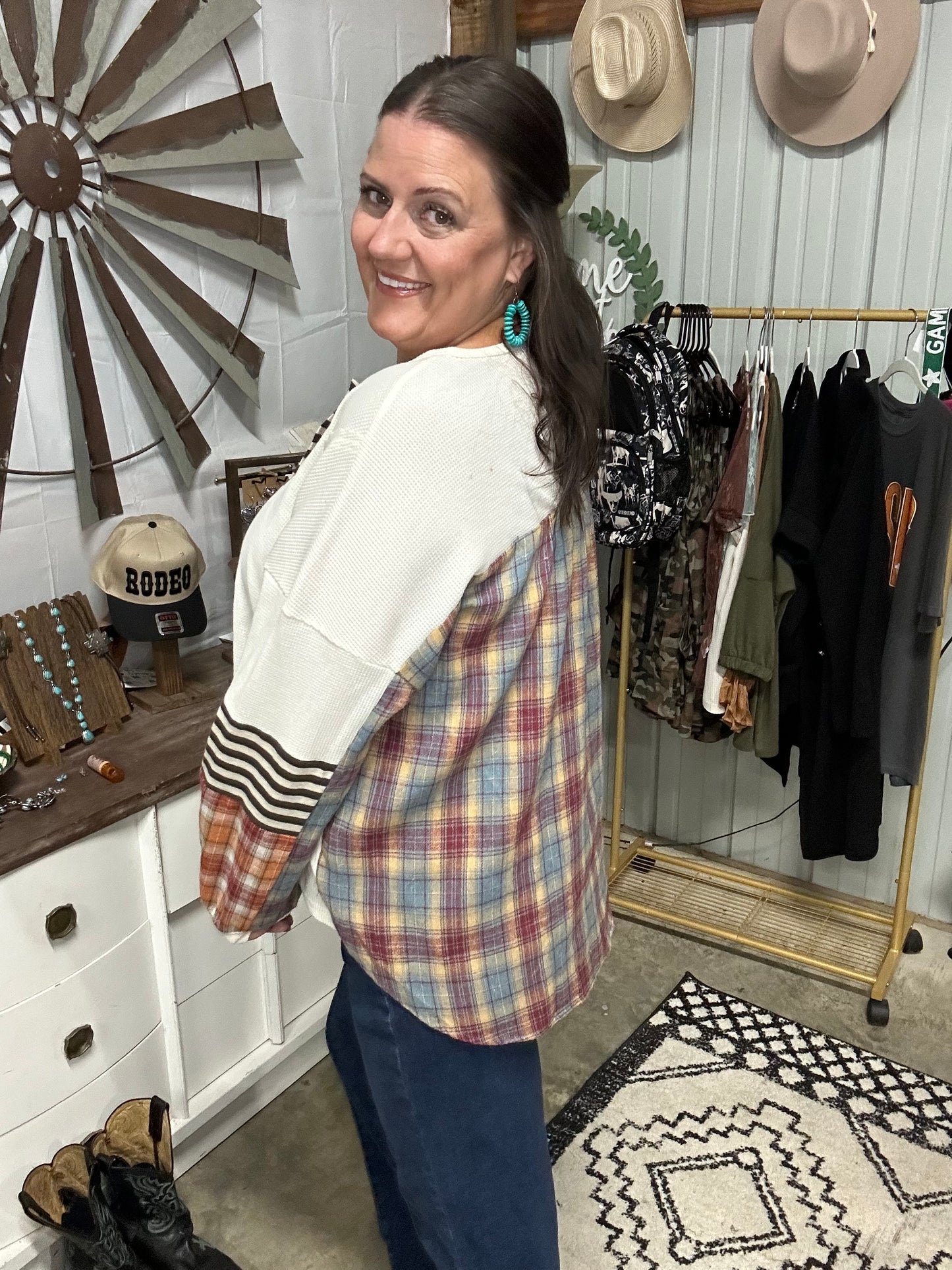 Waffle Stripe Plaid Patchwork Henley Knit Top