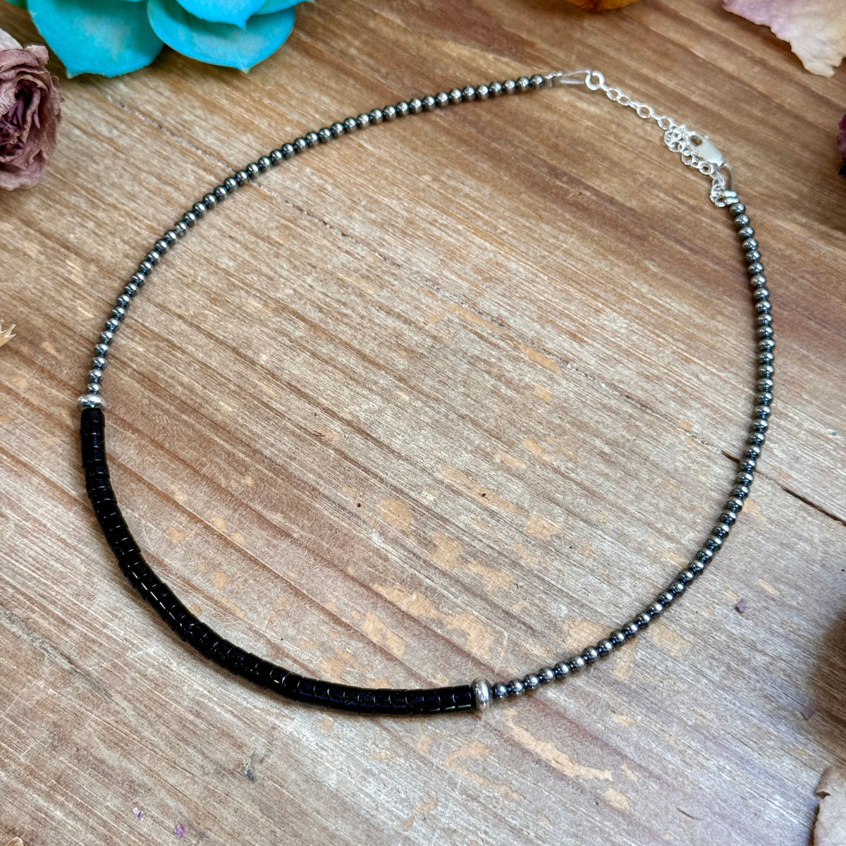 14” Black Onyx Heishi Necklace – Sterling Silver Pearls & Saucers