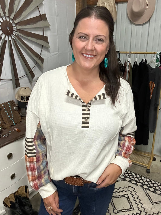 Waffle Stripe Plaid Patchwork Henley Knit Top