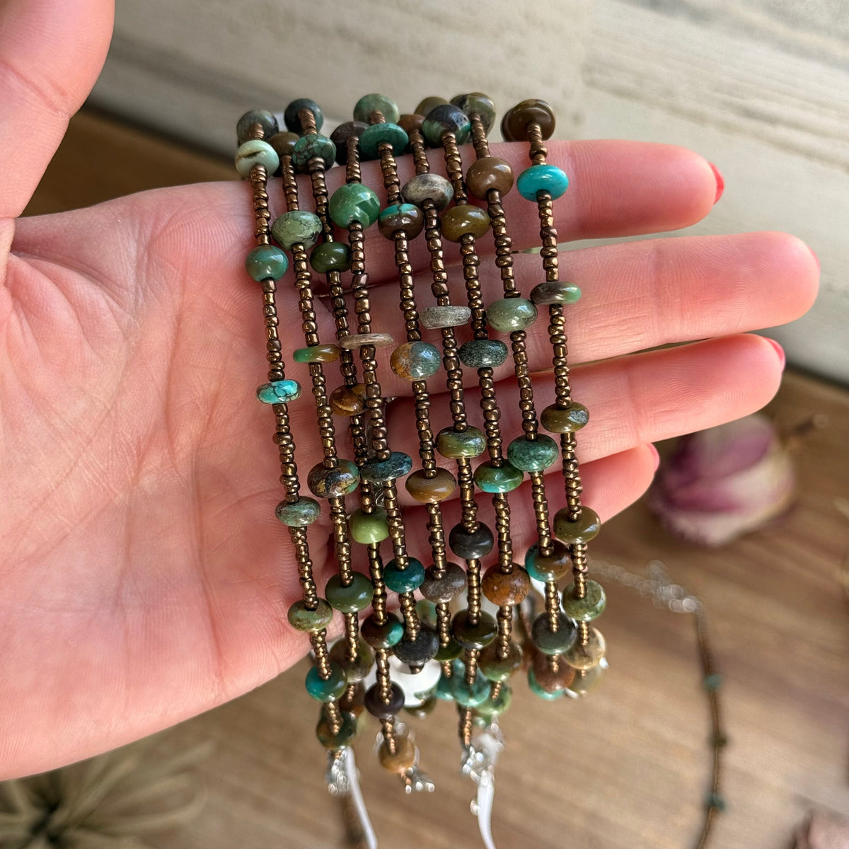 14” Bronze Seed Bead Necklace with Real Turquoise rondelle