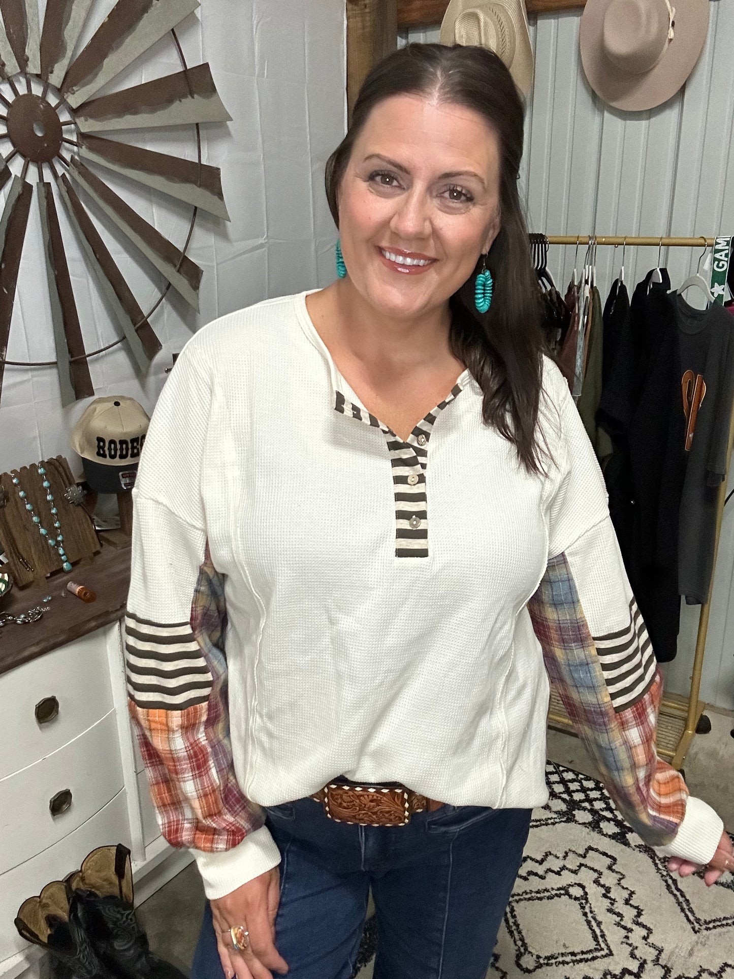 Waffle Stripe Plaid Patchwork Henley Knit Top
